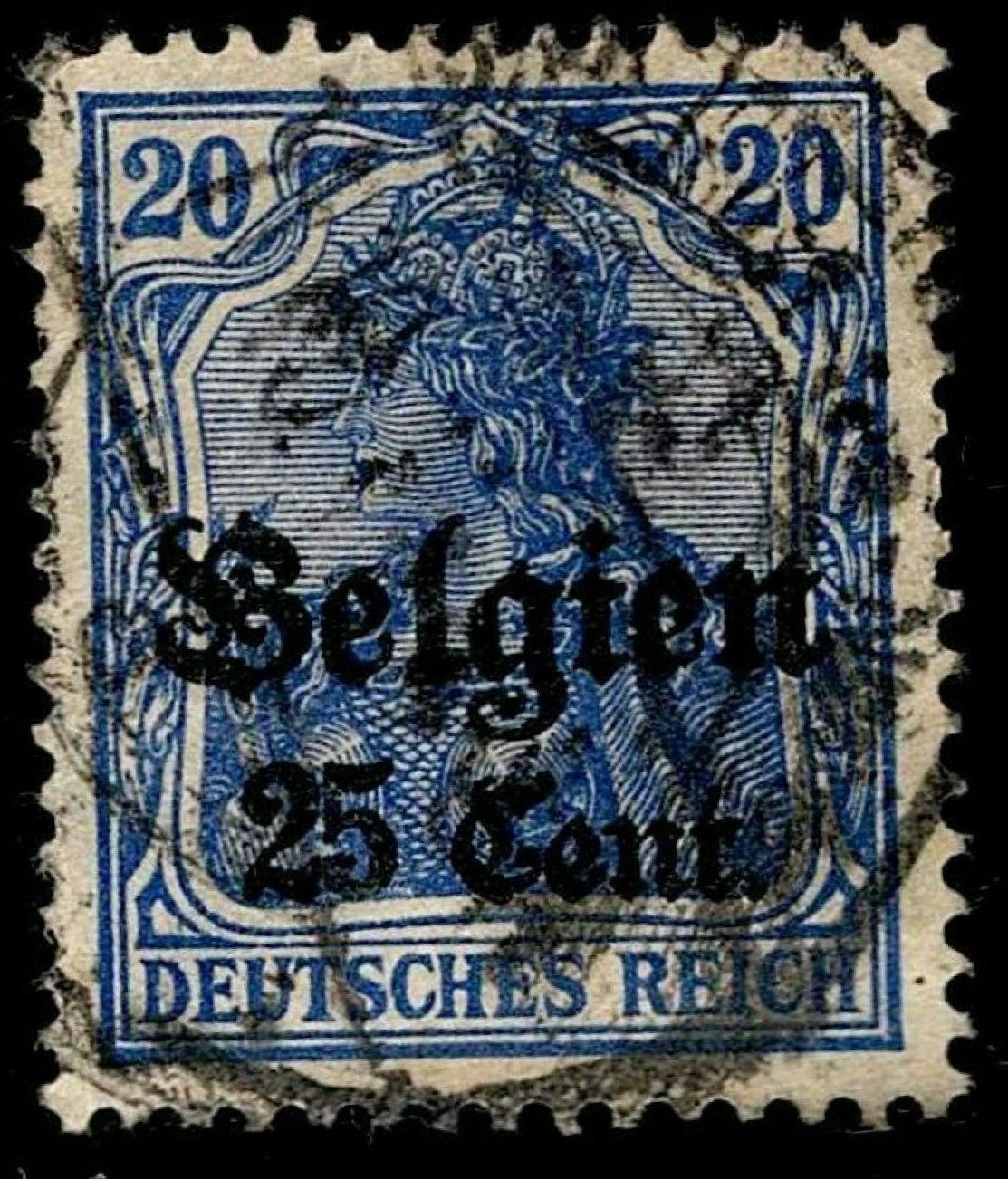 SCG1585 - Germany 1916 "Belgien" Overprint – 25 Centimes on 20 Pf Germania Blue (Used)