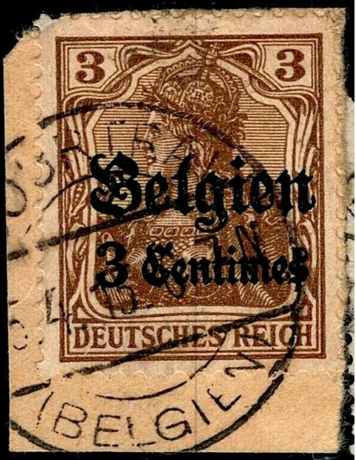 SCG1595 - Germany 1916 "Belgien" Overprint – 3 Centimes on 3 Pf Germania Brown (Used on Piece)