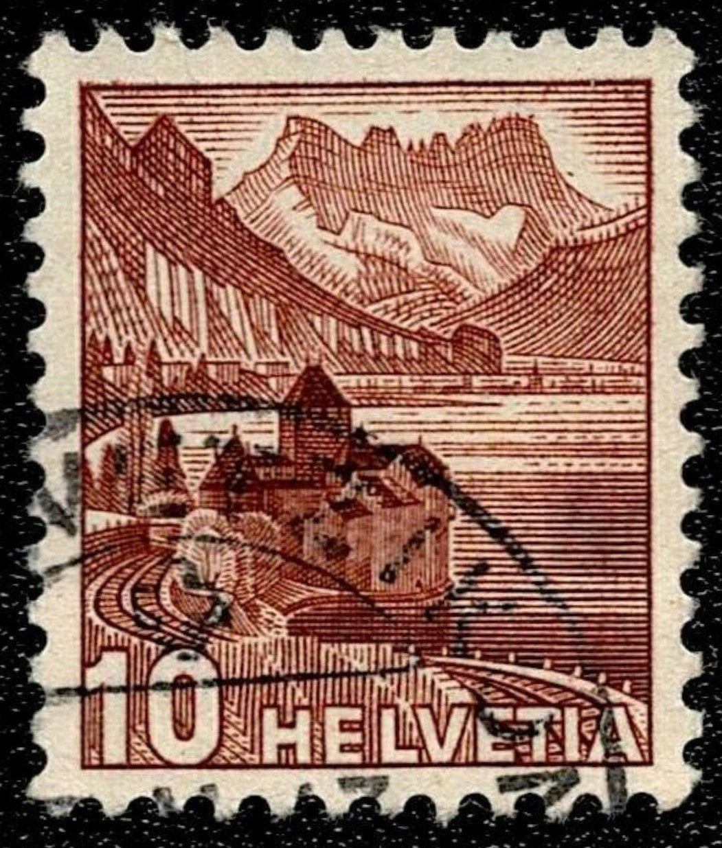 SCG1631 - Swiss Alps and Chillon Castle – 10c Helvetia Issue (Used)