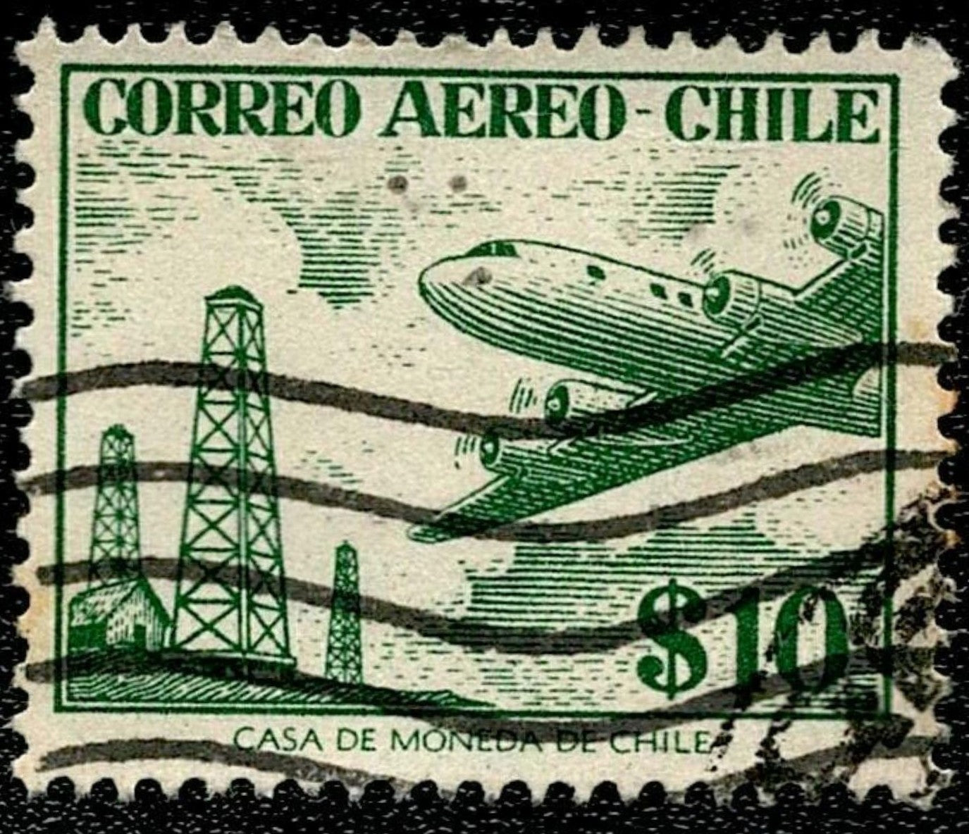 SCG1616 - Chile Airmail Stamp – $10 Green Aviation and Oil Derricks (Used)