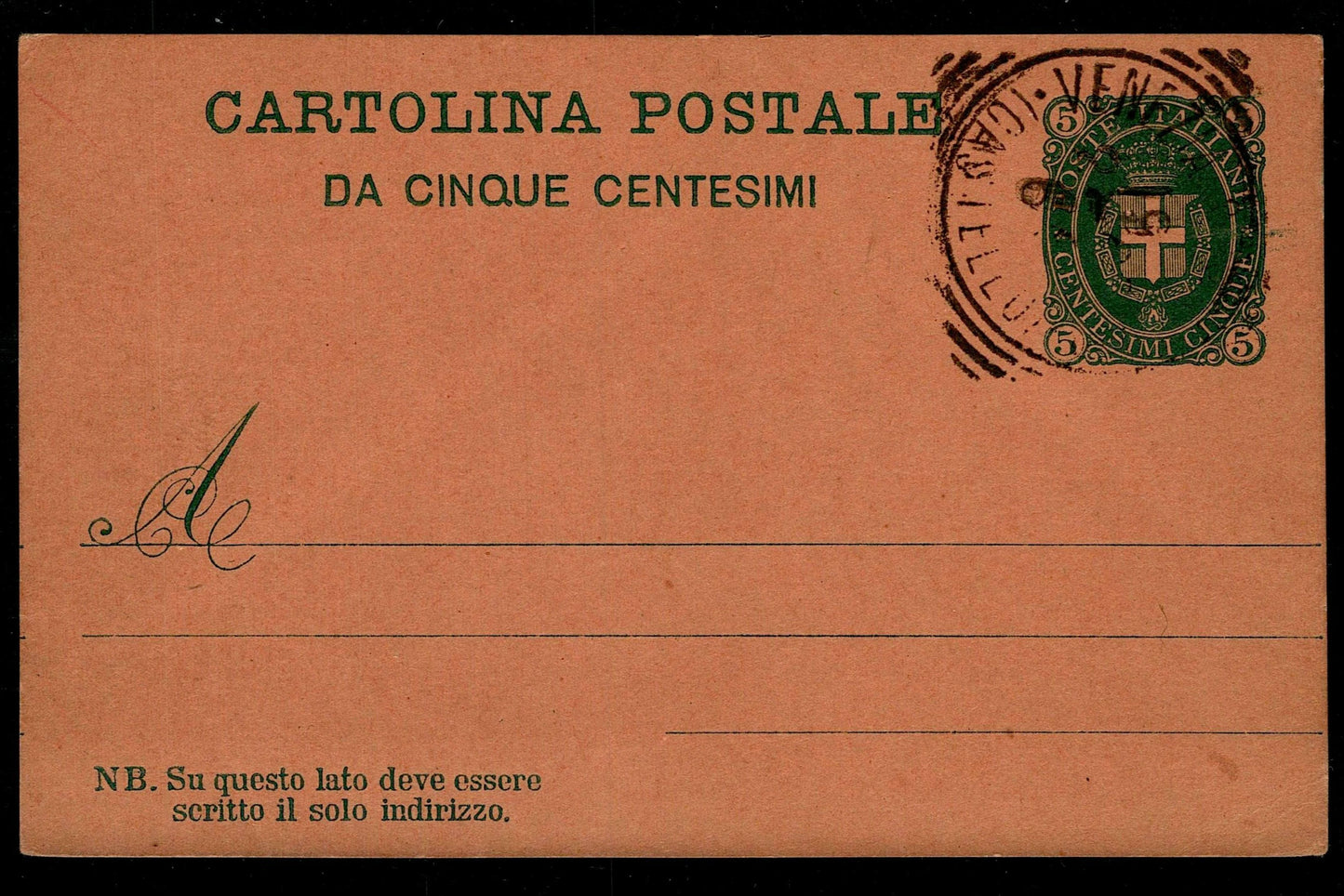SCG1450 - Italy 5 Centesimi Green Postal Card – King Umberto I, Used from Venezia