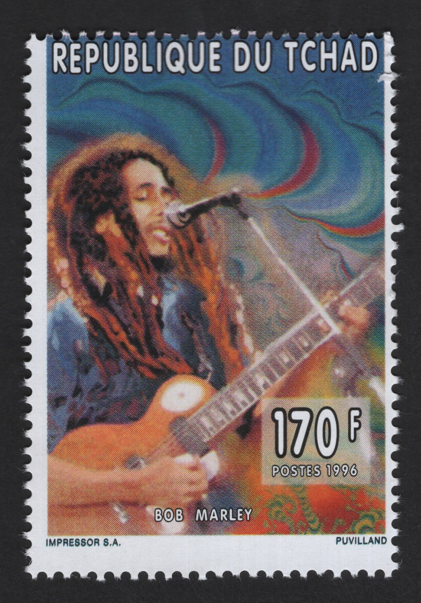 SCG13313 - Bob Marley Live Performance Stamp – Chad 1996, 170F Reggae Music Icon