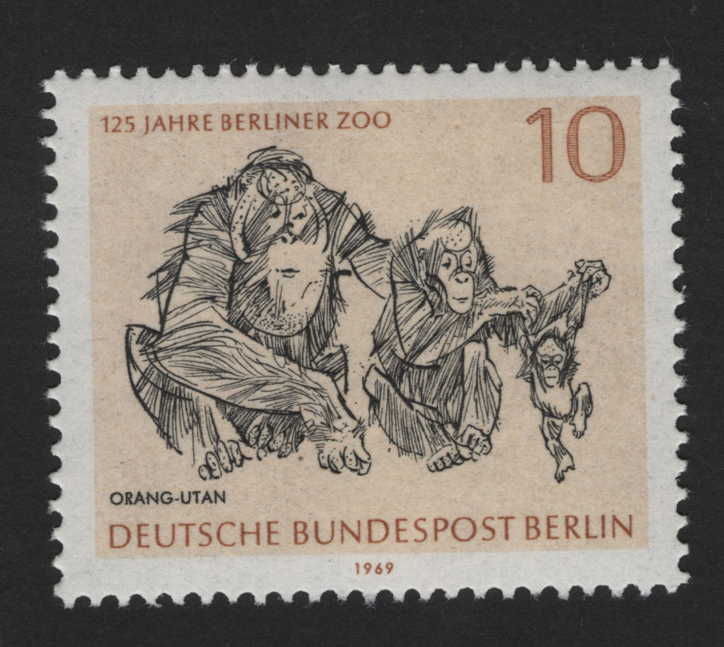 SCG13243 - Germany (West Berlin) 1969 – 10 Pfennig “125 Years of Berlin Zoo – Orangutan” Stamp