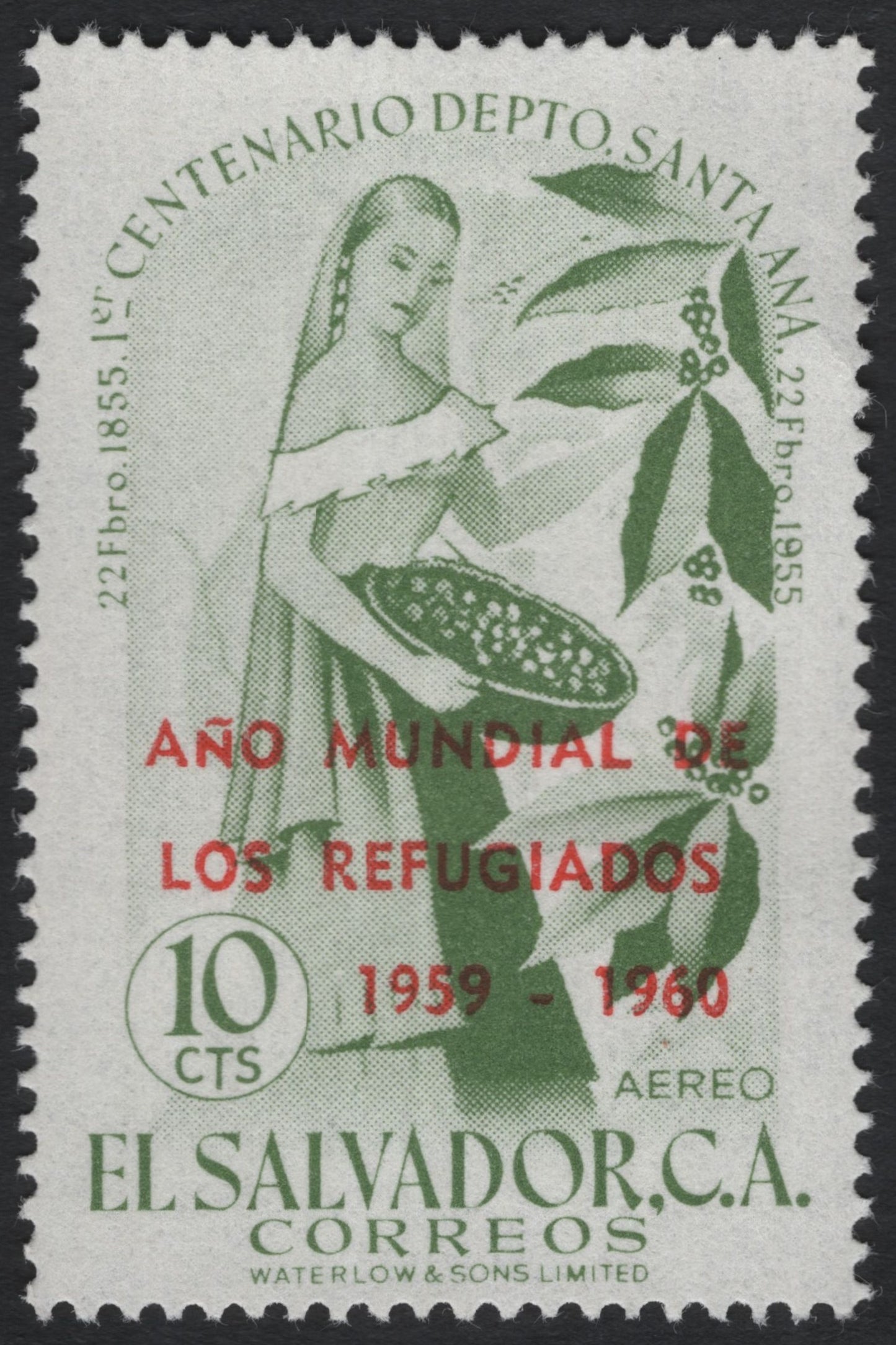 SCG11112 - El Salvador 1959–60 World Refugee Year Airmail Stamp – Santa Ana Centenary, 10c Overprint