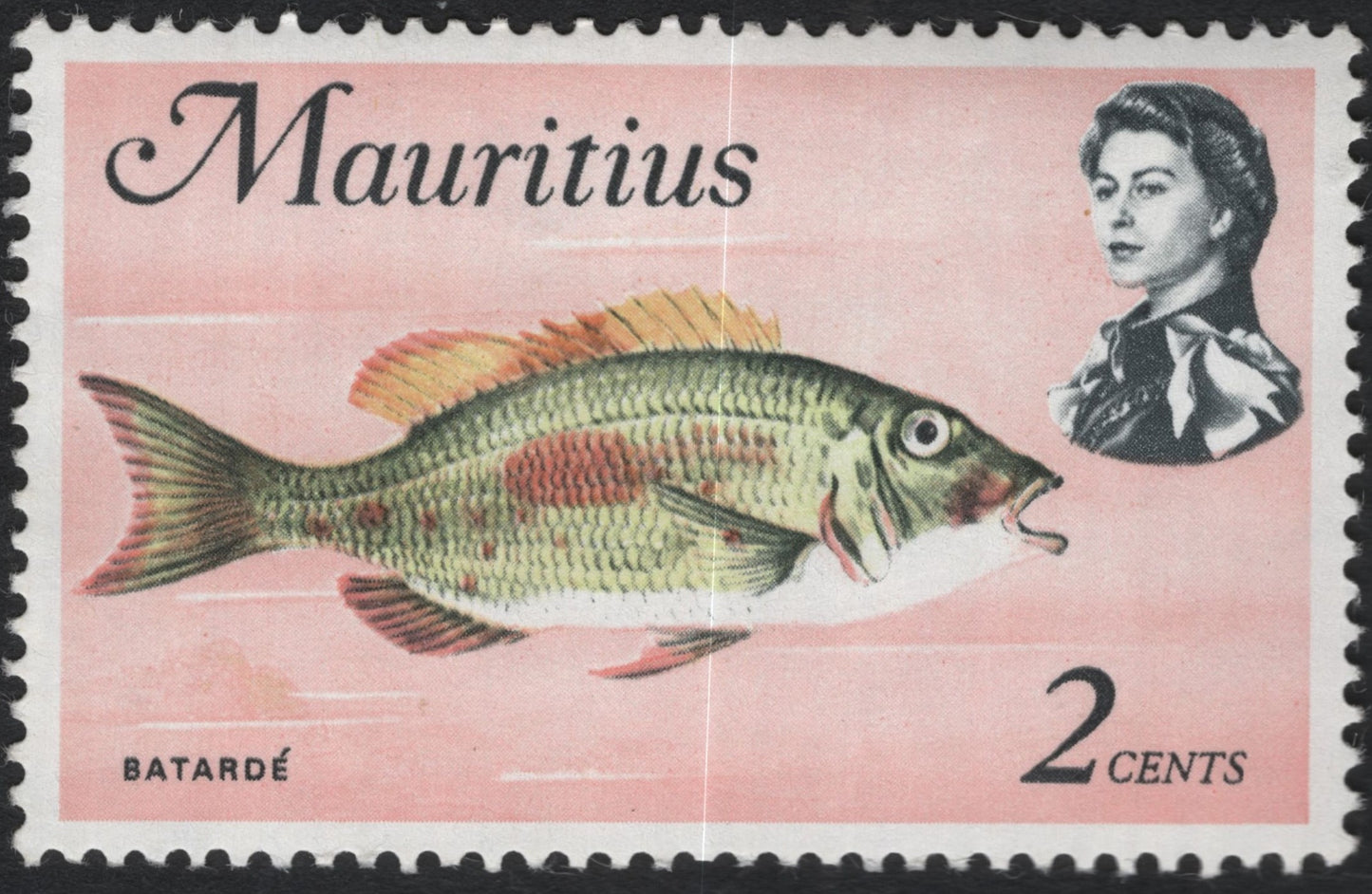 SCG11098 - Mauritius 2 Cents Batardé Fish Stamp – Queen Elizabeth II Definitive, c. 1950s