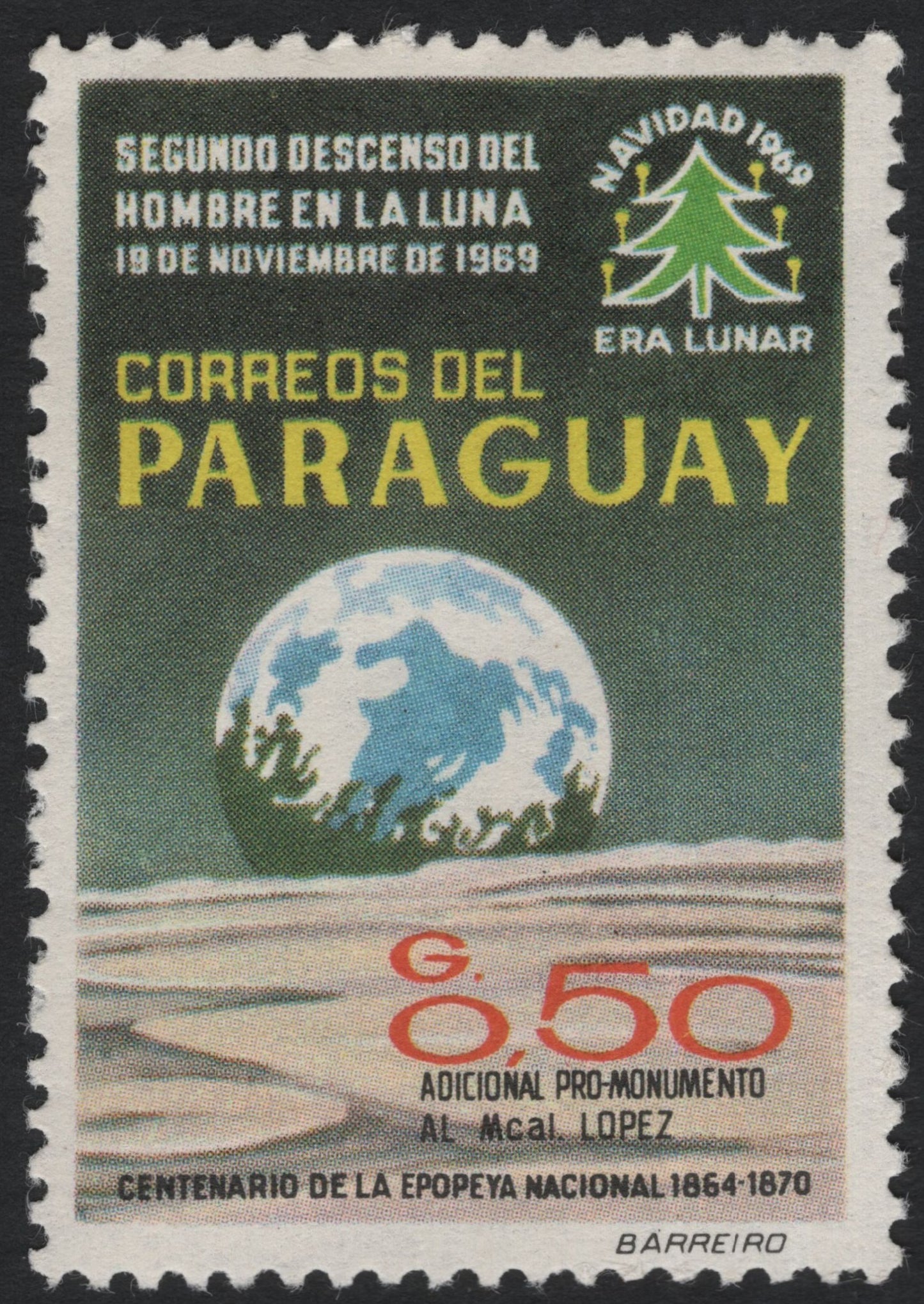 SCG11121 - Paraguay 1969 Second Man on the Moon – Lunar Era Surcharge Stamp (G.0.50)
