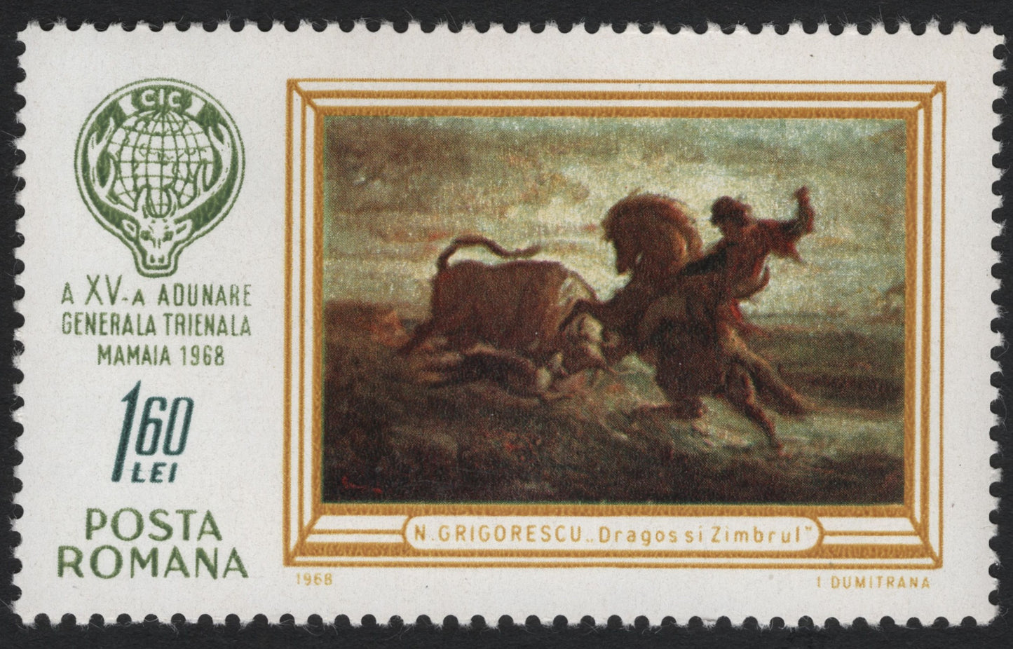 SCG11129 - Romania 1968 – Nicolae Grigorescu “Dragoș și Zimbrul” Painting Stamp (CICR Triennial)