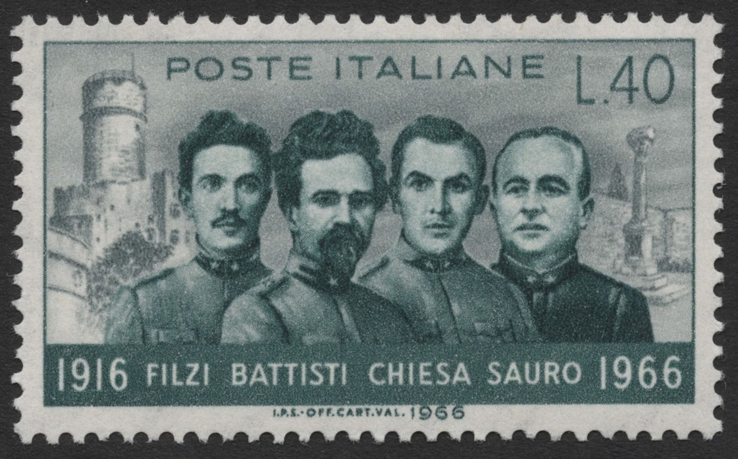 SCG532 - Italy 1966 Heroes of the First World War 40 Lire Stamp – Filzi, Battisti, Chiesa, Sauro