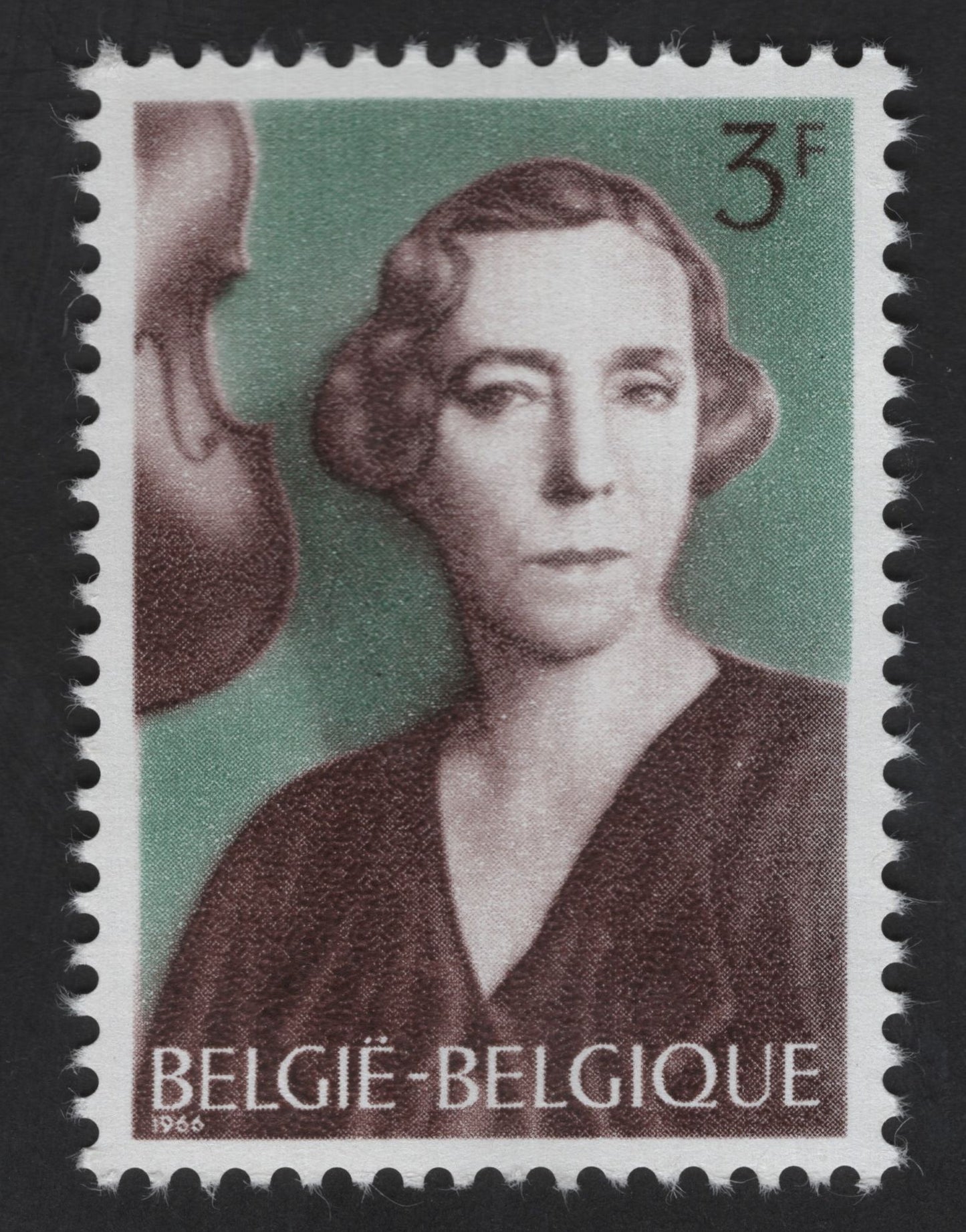 SCG13368 - Belgium 3 Franc Stamp – Queen Elisabeth of Belgium with Violin (c. 1950s)