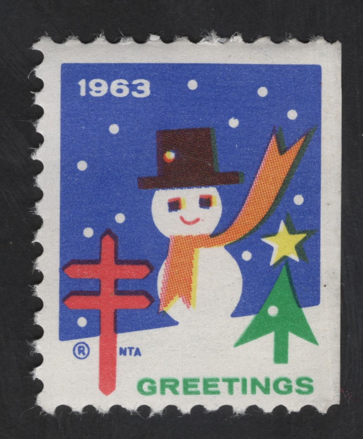 SCG13406 - 1963 Snowman Christmas Seal – “Greetings” Charity Label