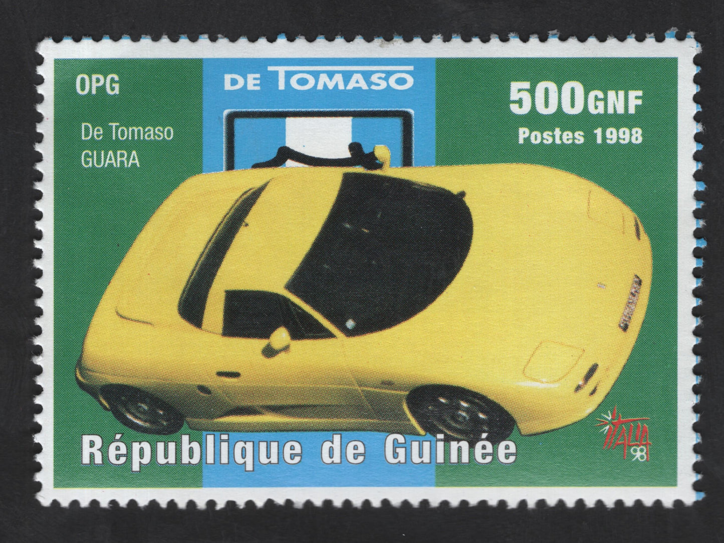 SCG13508 - Guinea 1998 De Tomaso Guarà Sports Car Stamp – 500 GNF