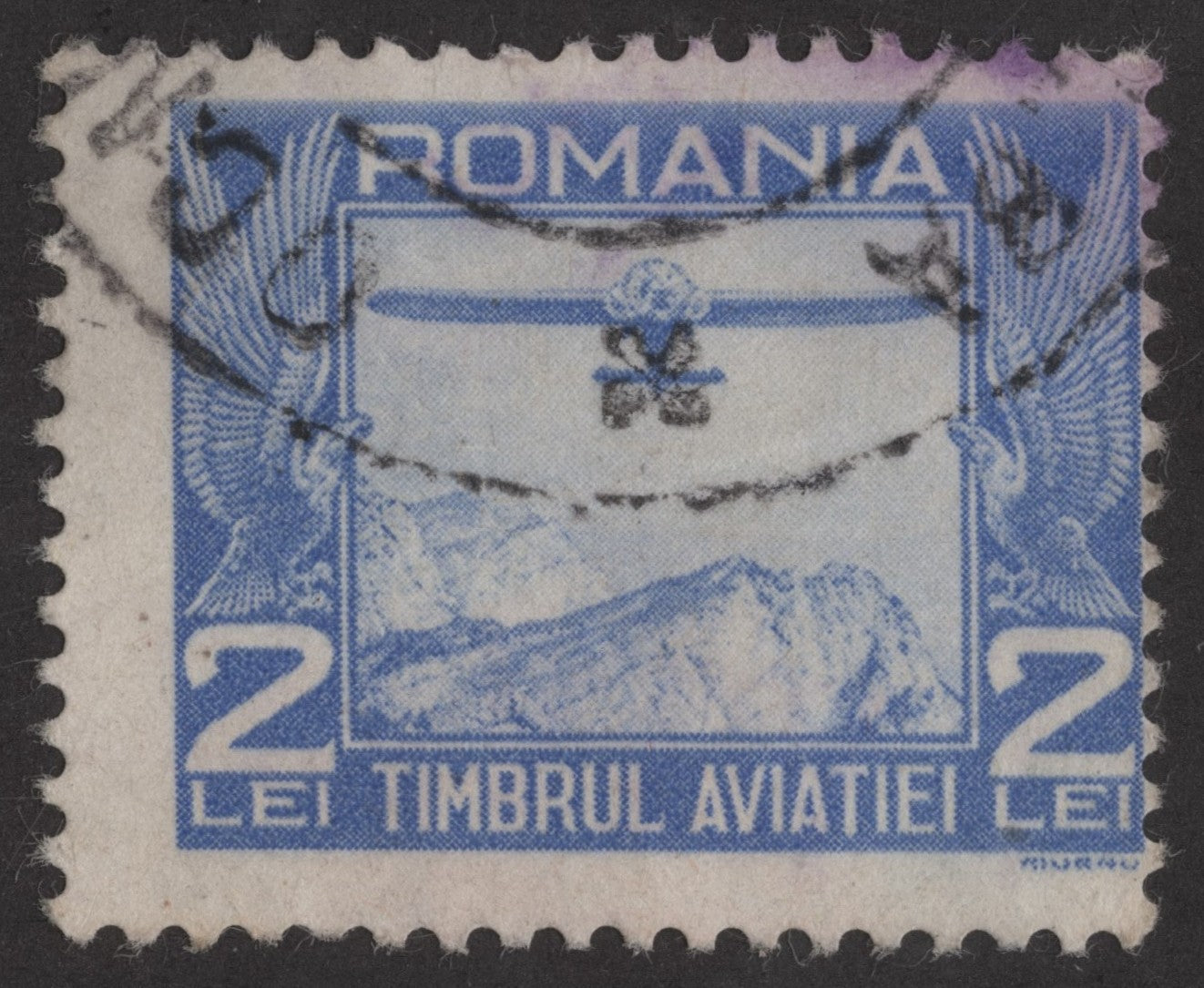 SCG212 Used Romania 2 Lei Airmail Stamp – Aviation Over Mountains