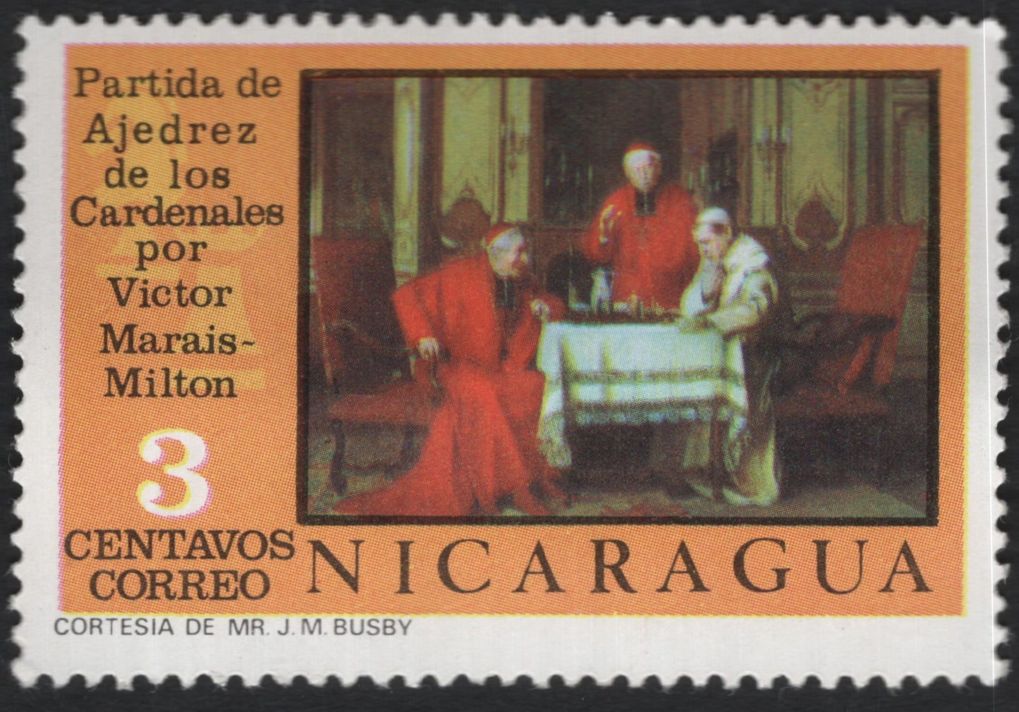 SCG11037 - Nicaragua – 3 Centavos Art Stamp: “Partida de Ajedrez de los Cardenales” by Victor Marais-Milton