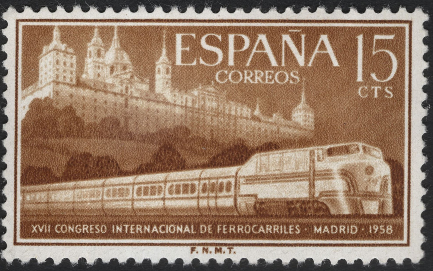 SCG11027 - Spain 1958 – XVII International Railway Congress, Madrid (15 cts) – Electric Train & El Escorial