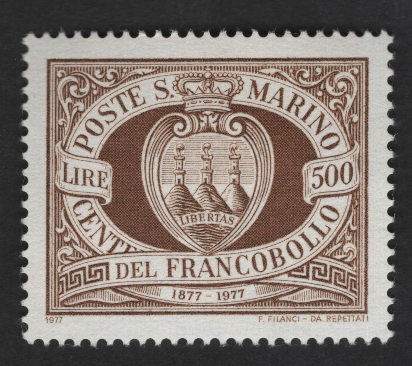 SCG12592 - San Marino 500 Lire 1877–1977 Stamp Centenary – State Emblem Issue