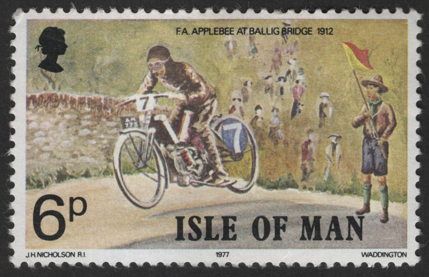 SCG12417 - Isle of Man 1977 – F.A. Applebee at Ballig Bridge (1912) – 6p TT Racing Commemorative