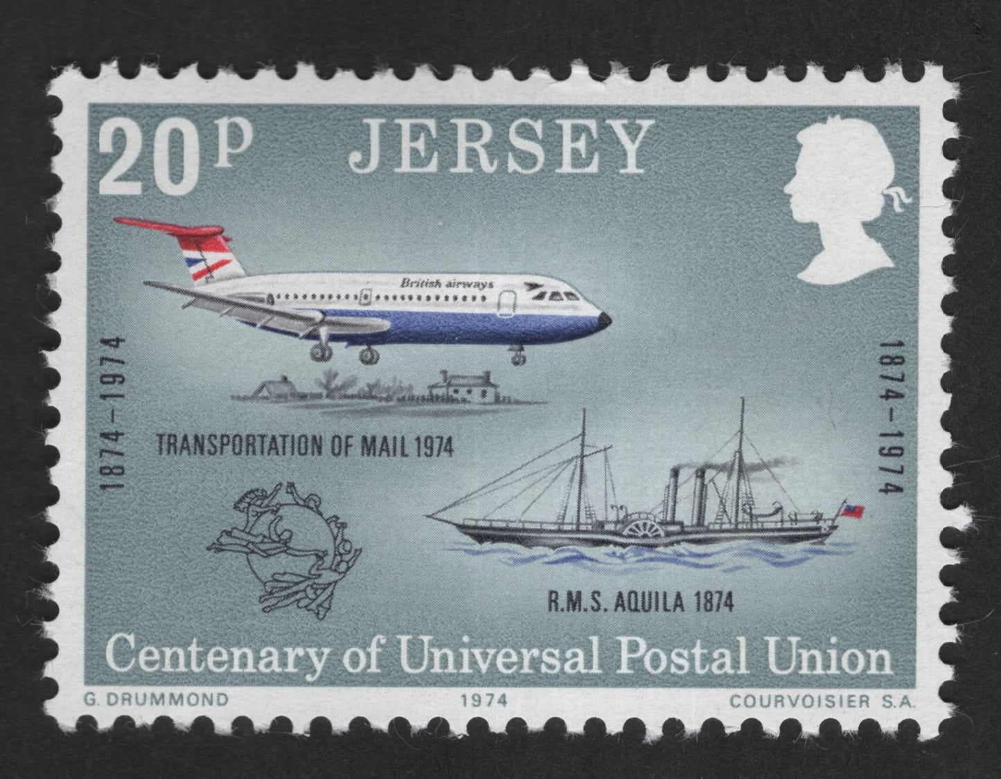 SCG12553 - Jersey 1974 – Centenary of Universal Postal Union (Transportation of Mail) 20p Stamp