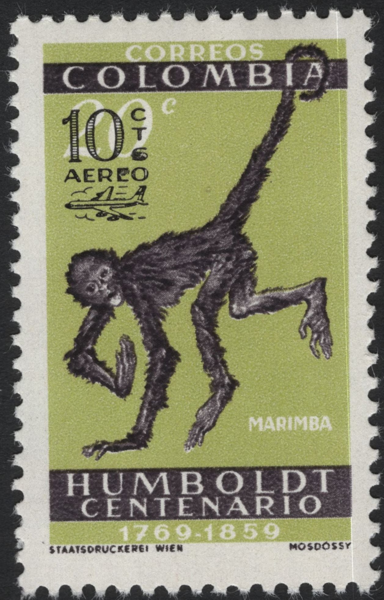 SCG10830 - Colombia 1963 Humboldt Centenario Airmail – Sloth & Spider Monkey Pair