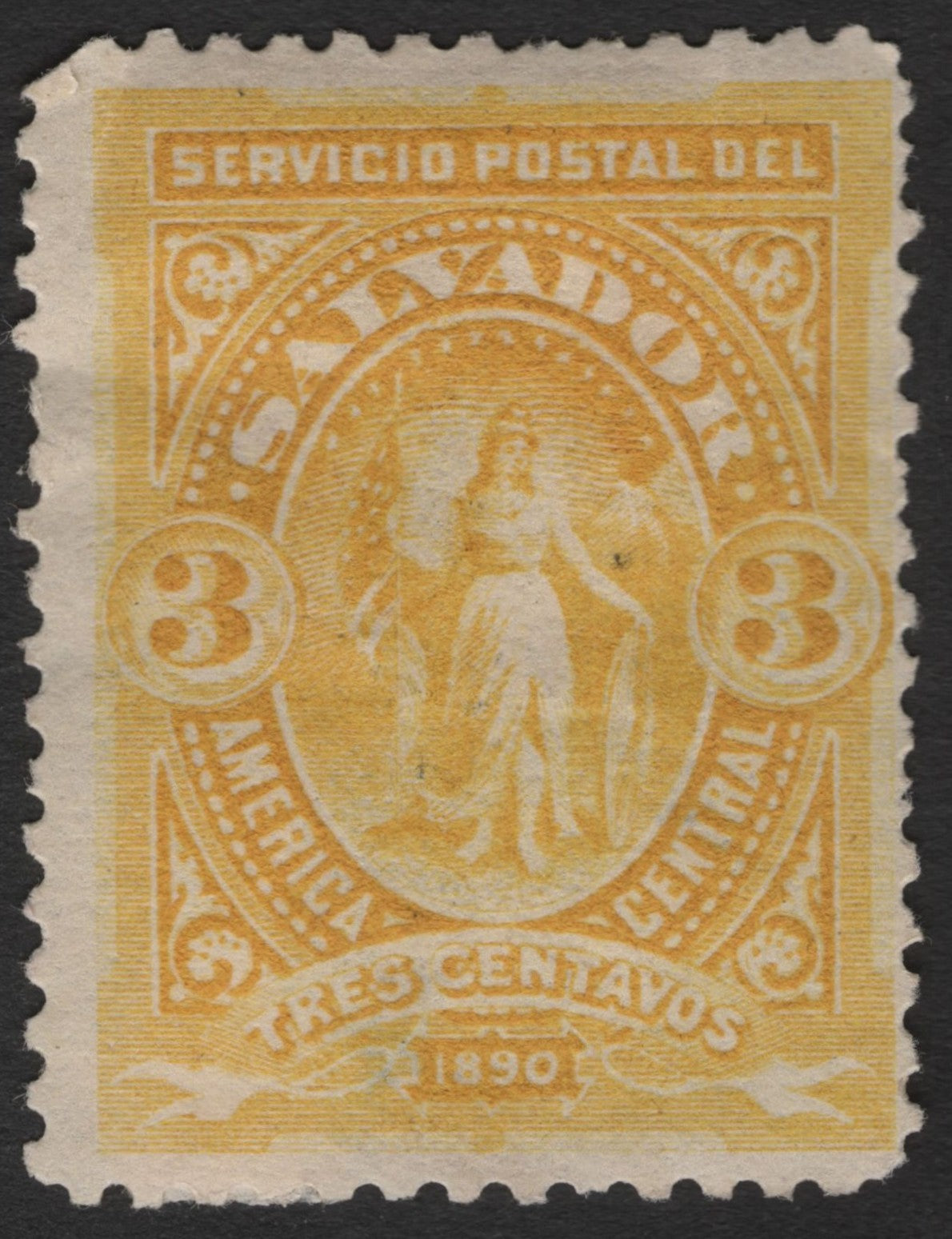SCG11408 - El Salvador – 1890 “Servicio Postal del Salvador” Allegory – 3 Centavos (Yellow/Orange)