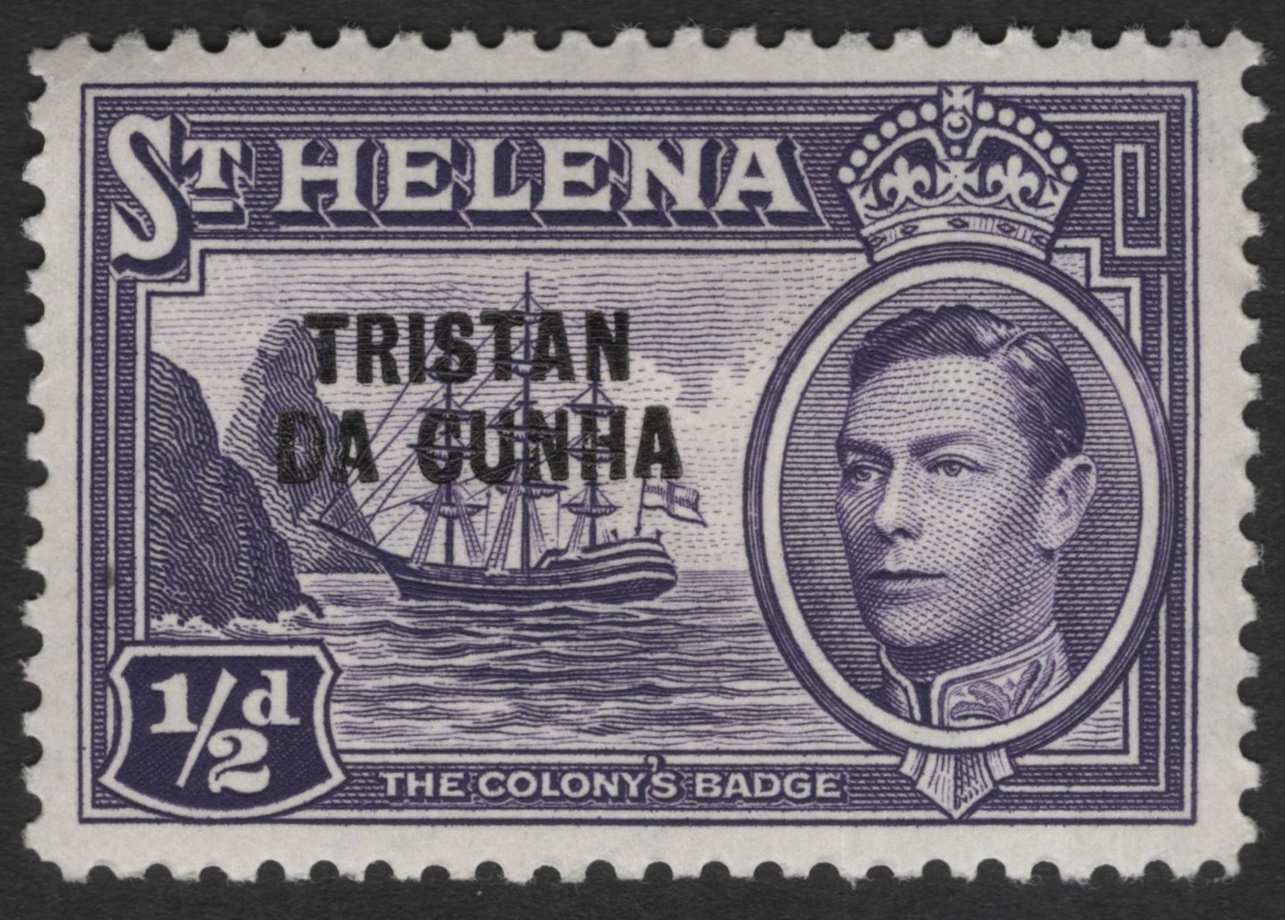 SCG11474 - Tristan da Cunha Overprint – ½d “The Colony’s Badge” Ship & Portrait (St Helena Issue)