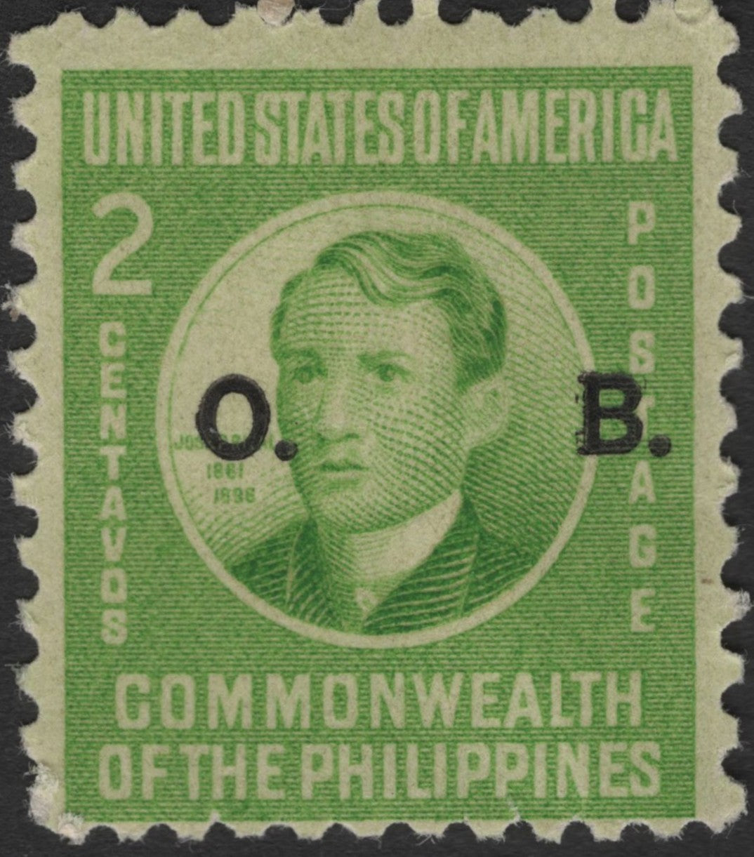 SCG2374 - Philippines 1938 “O.B.” Overprint – José Rizal 2c Green