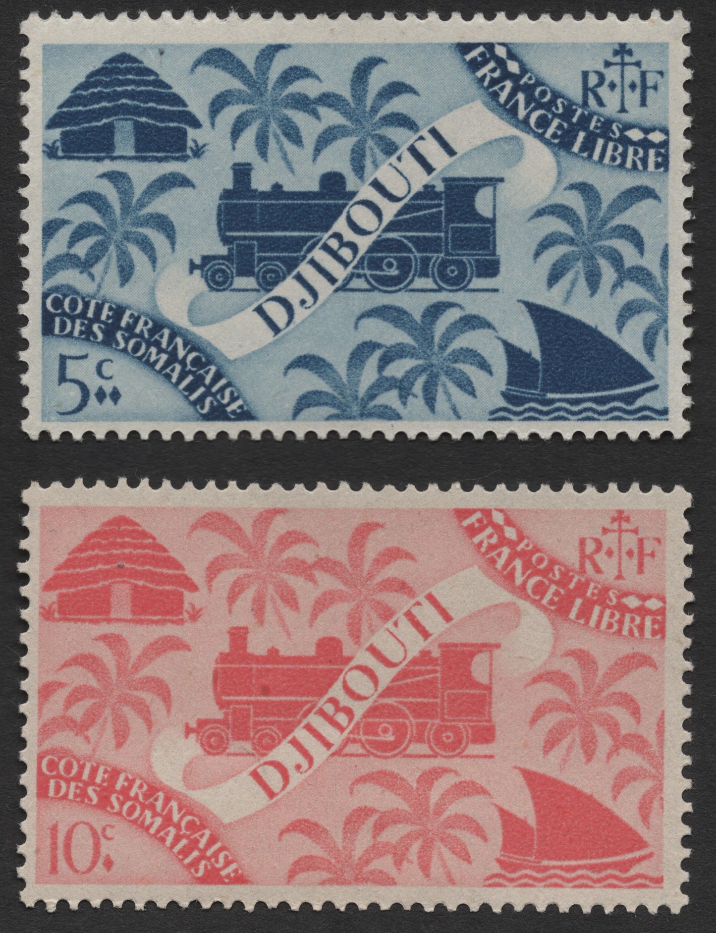 SCG562 - Djibouti (French Somali Coast) Free France Stamps — Train & Palm Motif