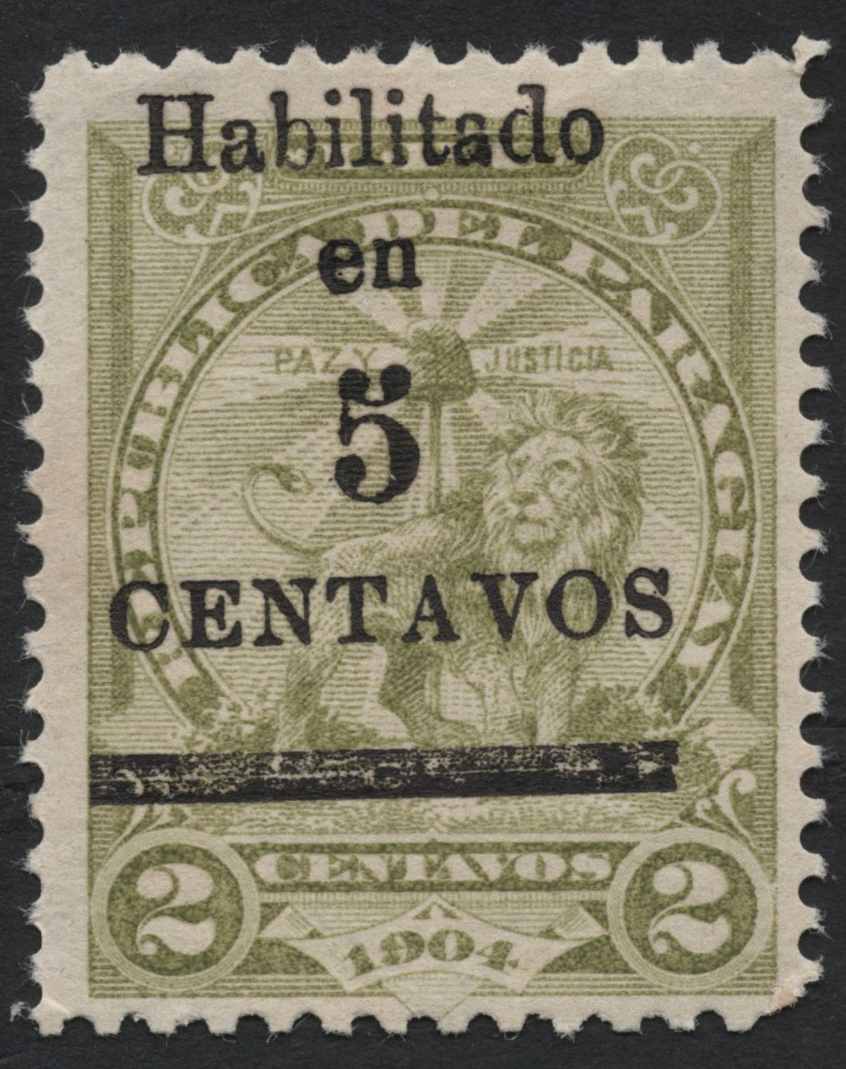 SCG7708 - Paraguay 1904 “Habilitado en 5 Centavos” on 2 Centavos Olive — Overprinted Lion of the Republic