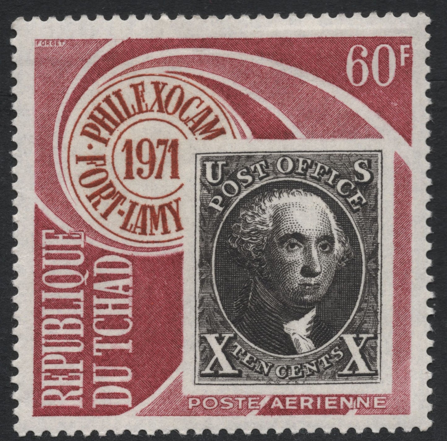 SCG7698 - Chad 1971 Airmail Stamp – PHILEXOCAM Fort-Lamy Featuring U.S. 1847 Washington Issue