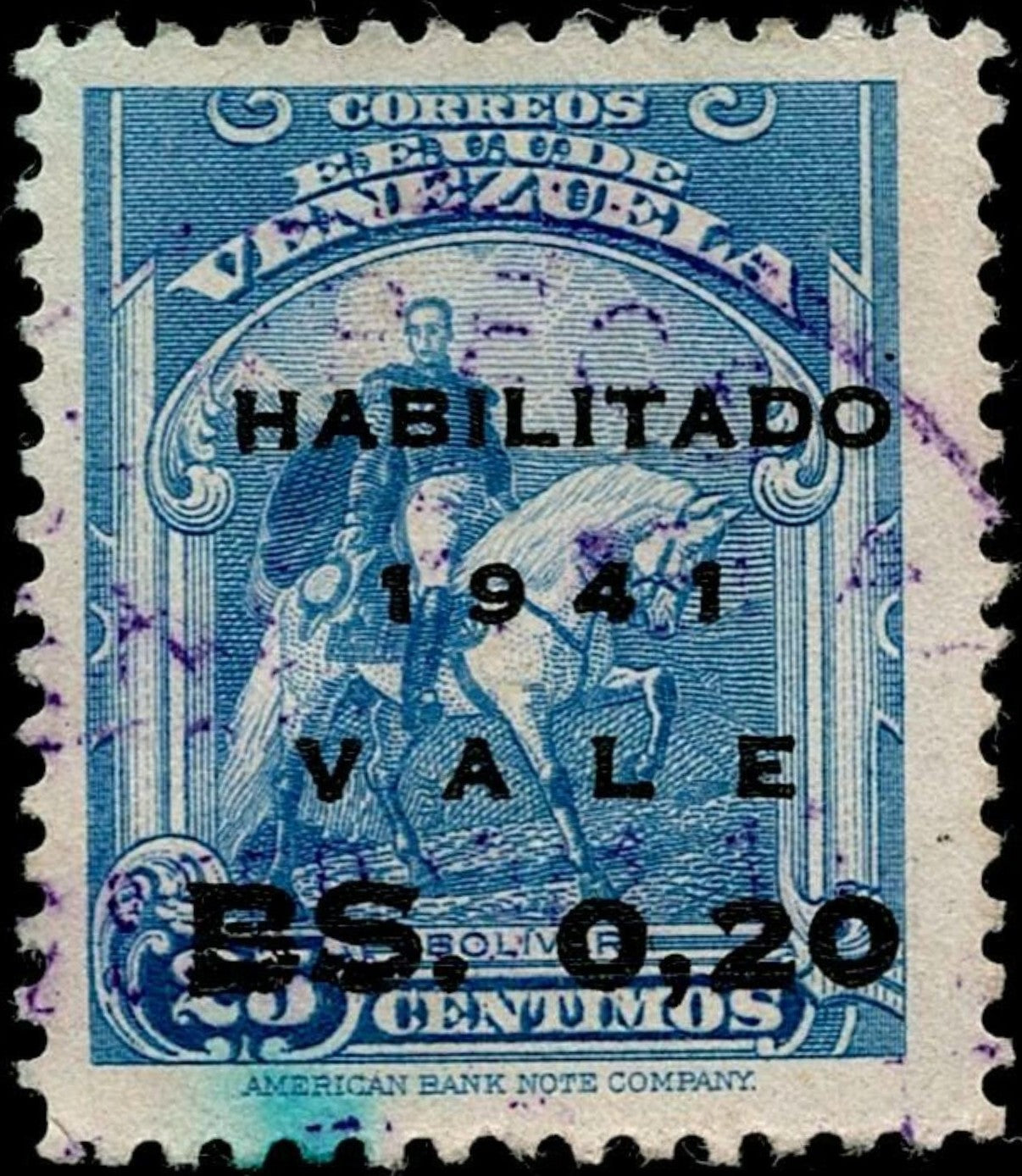 SCG615 - Venezuela 1941 Bolívar Overprint 20 Centavos Used Stamp