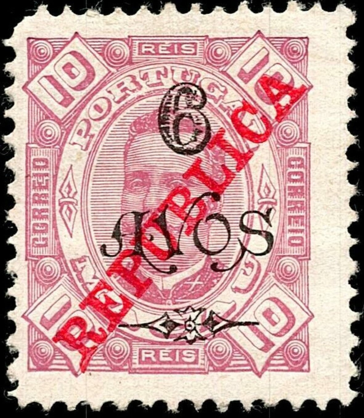 SCG741 - Portugal 10 Reis Overprinted Republica 6 Avos Stamp