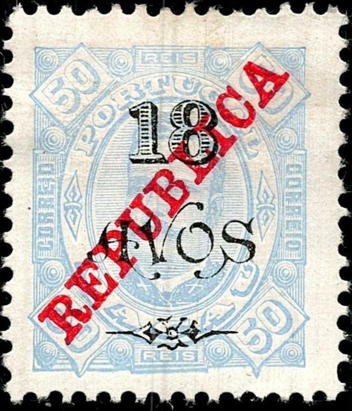 SCG743 - Portugal 50 Reis Overprinted Republica 18 Avos Stamp