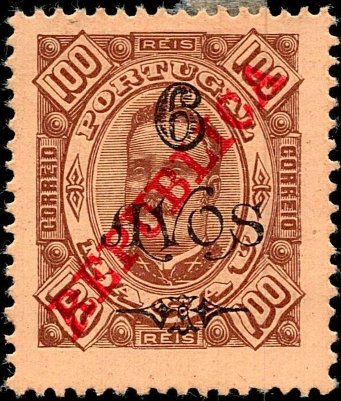 SCG740 - Portugal 100 Reis Overprinted Republica 6 Avos Stamp