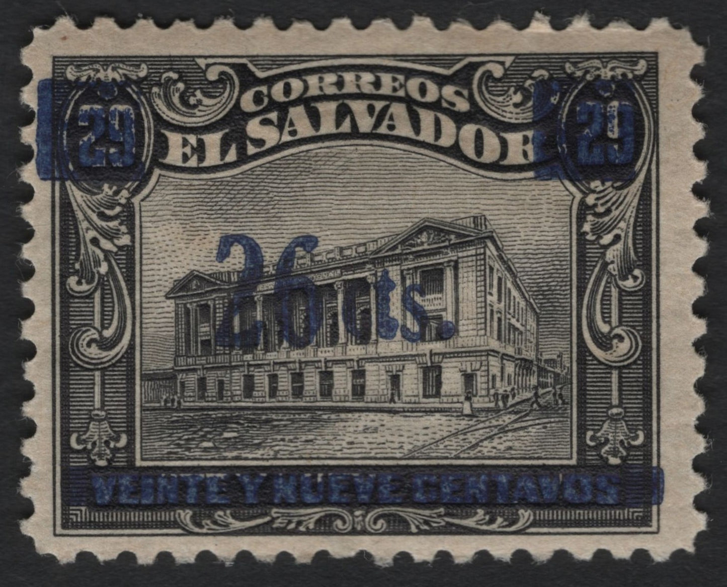 SCG9158 - El Salvador 29c Black Definitive with Blue “26 cts.” Provisional Surcharge (c. 1910s–1920s)
