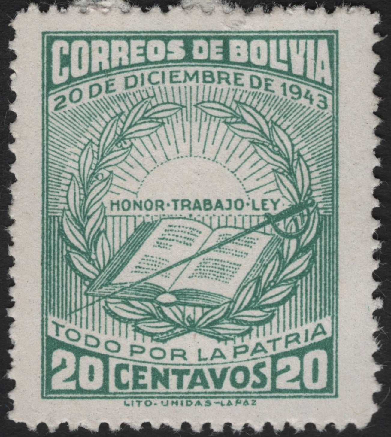 SCG9161 - Bolivia 1943 – “Honor, Trabajo, Ley” 20c Issue