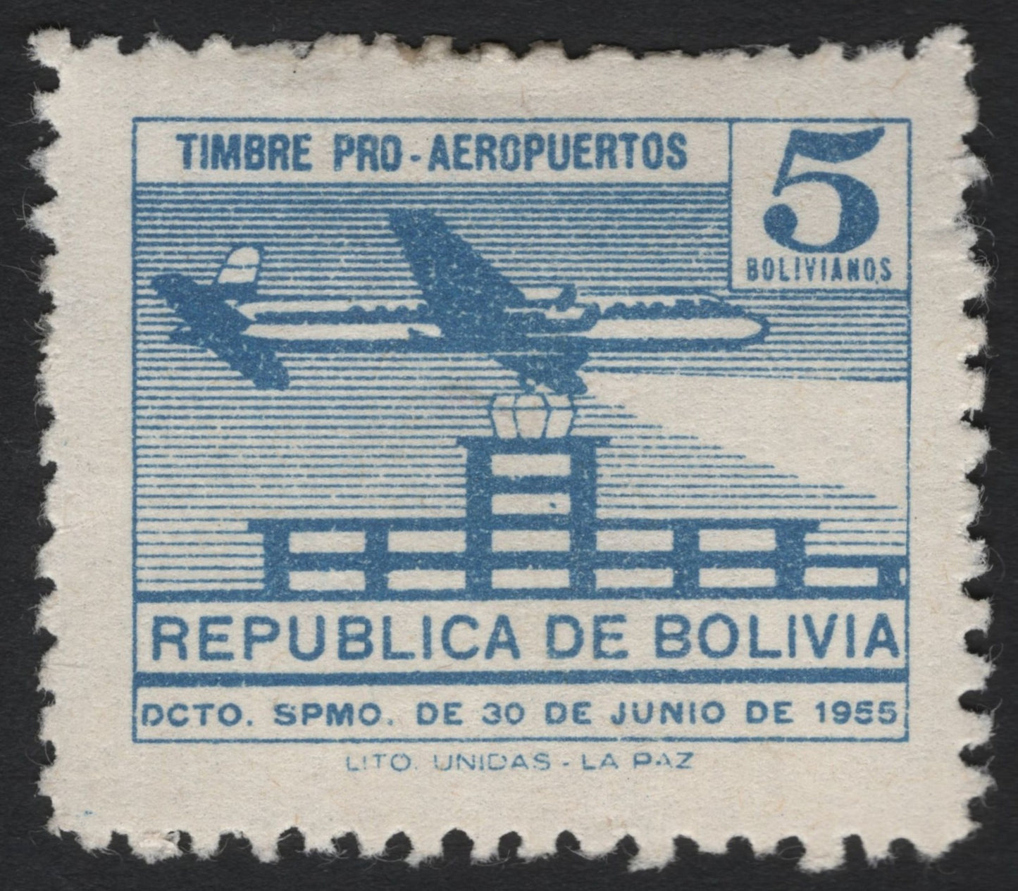 SCG9141 - Bolivia 1955 Timbre Pro-Aeropuertos – 5 Bolivianos Airmail Fund Stamp
