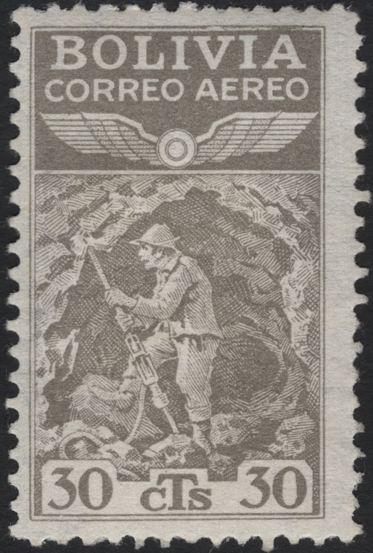 SCG9145 - Bolivia 30c Airmail – Miner with Pneumatic Drill (c.1940s)