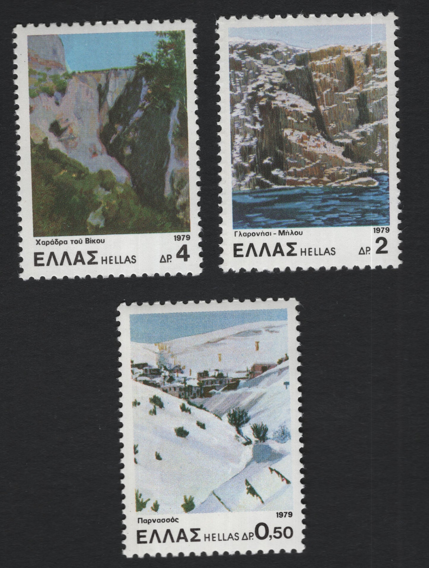 SCG10317 - Greece 1979 “Landscapes of Greece” – Complete 3-Stamp Set (Vikos Gorge, Glaronisi of Milos, Parnassos)
