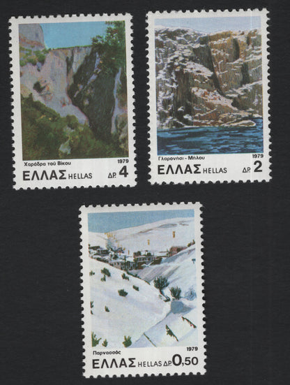 SCG10317 - Greece 1979 “Landscapes of Greece” – Complete 3-Stamp Set (Vikos Gorge, Glaronisi of Milos, Parnassos)