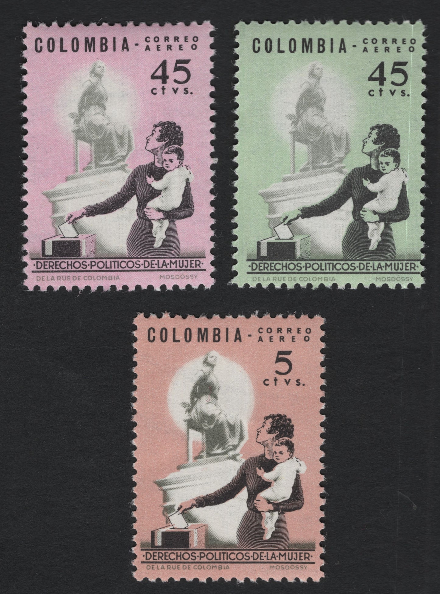 SCG10319 - Colombia 1954 Airmail – Women’s Political Rights Set (3v) – Mother & Child at Ballot Box