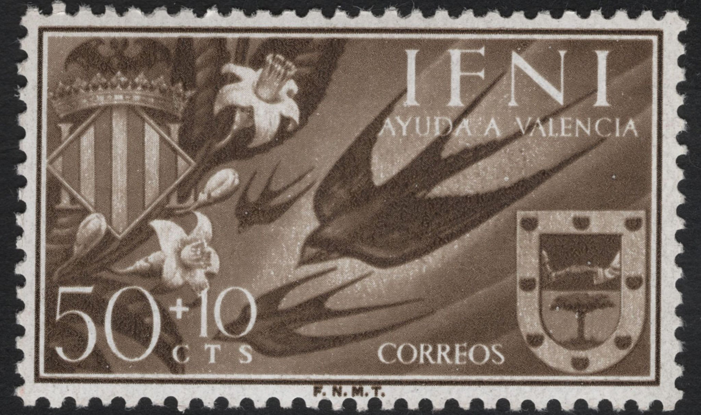 SCG10314 - Ifni 1953 “Ayuda a Valencia” Semi-Postal Set of 3 – Swallows & Heraldic Shields (Spain/Ifni)