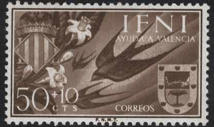 SCG10314 - Ifni 1953 “Ayuda a Valencia” Semi-Postal Set of 3 – Swallows & Heraldic Shields (Spain/Ifni)