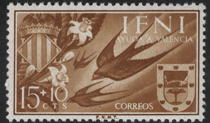SCG10314 - Ifni 1953 “Ayuda a Valencia” Semi-Postal Set of 3 – Swallows & Heraldic Shields (Spain/Ifni)