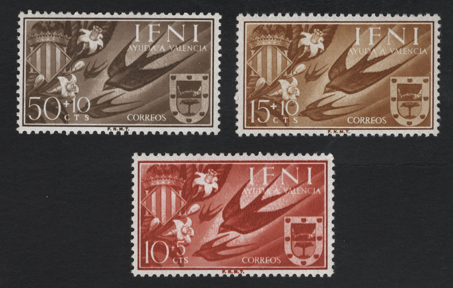 SCG10314 - Ifni 1953 “Ayuda a Valencia” Semi-Postal Set of 3 – Swallows & Heraldic Shields (Spain/Ifni)
