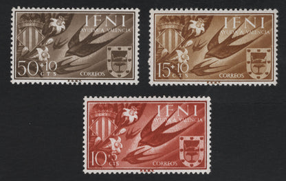 SCG10314 - Ifni 1953 “Ayuda a Valencia” Semi-Postal Set of 3 – Swallows & Heraldic Shields (Spain/Ifni)