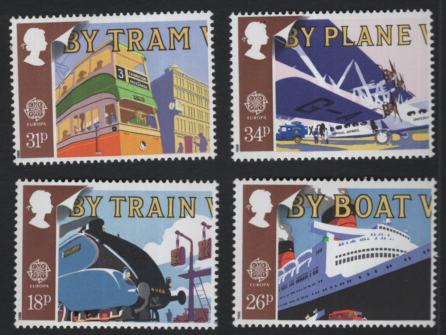 SCG10305 - Great Britain 1986 Europa – Vintage Travel Poster Set (4v) – Tram, Plane, Train & Boat