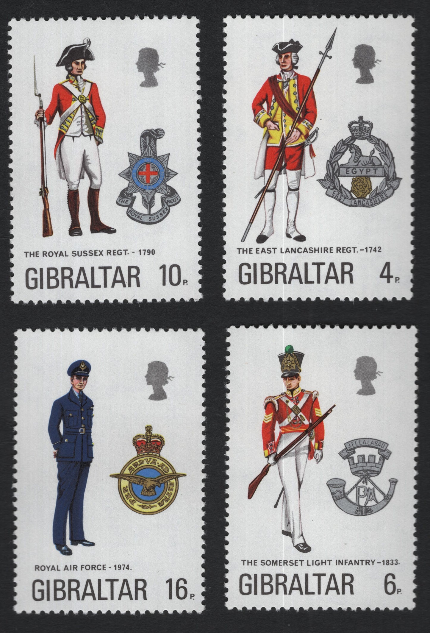 SCG10302 - Gibraltar – Military Uniforms Definitive Set (4 Stamps), 1970s – Historic British Regiments