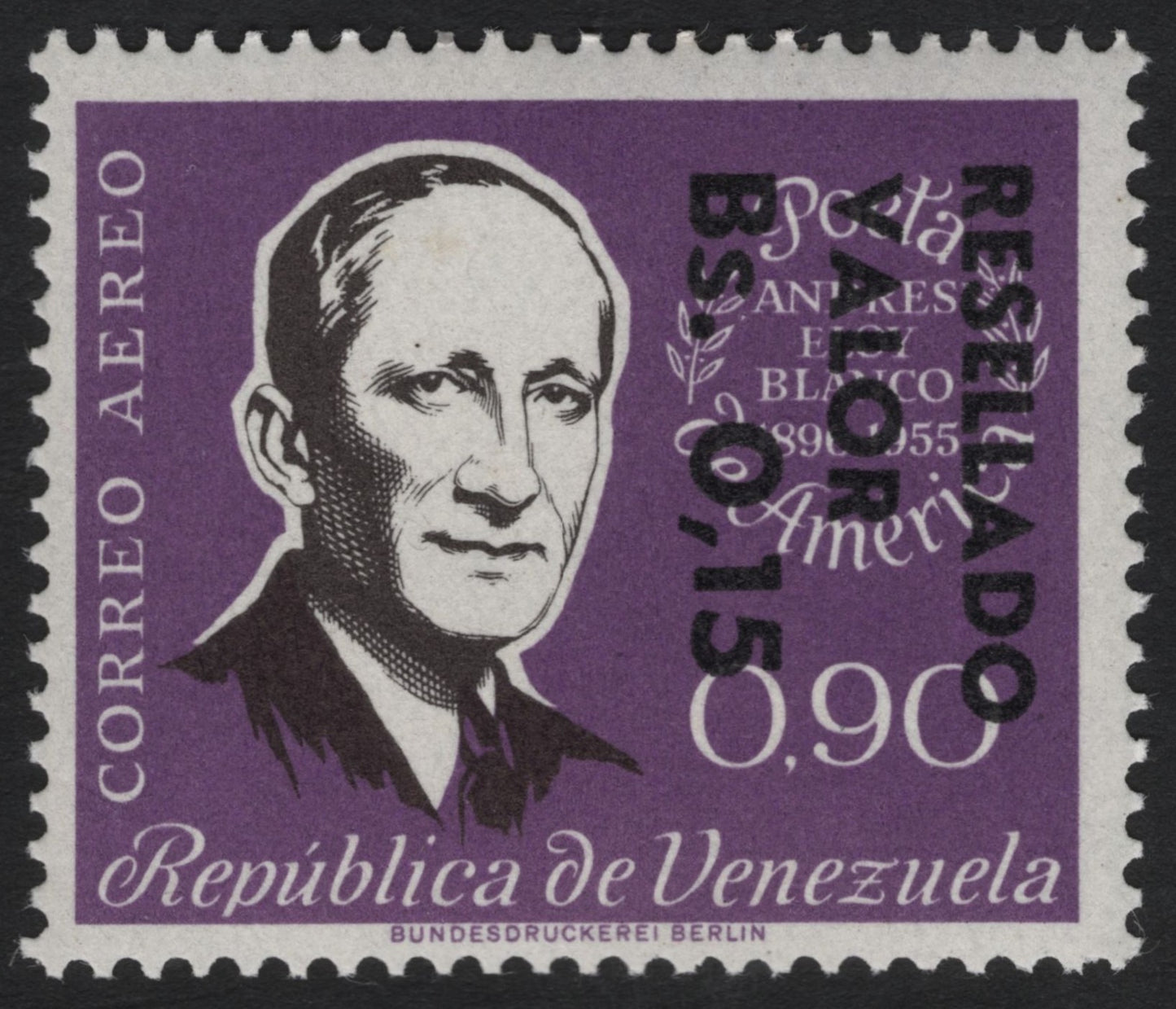 SCG8656 - Venezuela 1955 Andrés Eloy Blanco Airmail Stamp (Revalued Bs. 0.15)