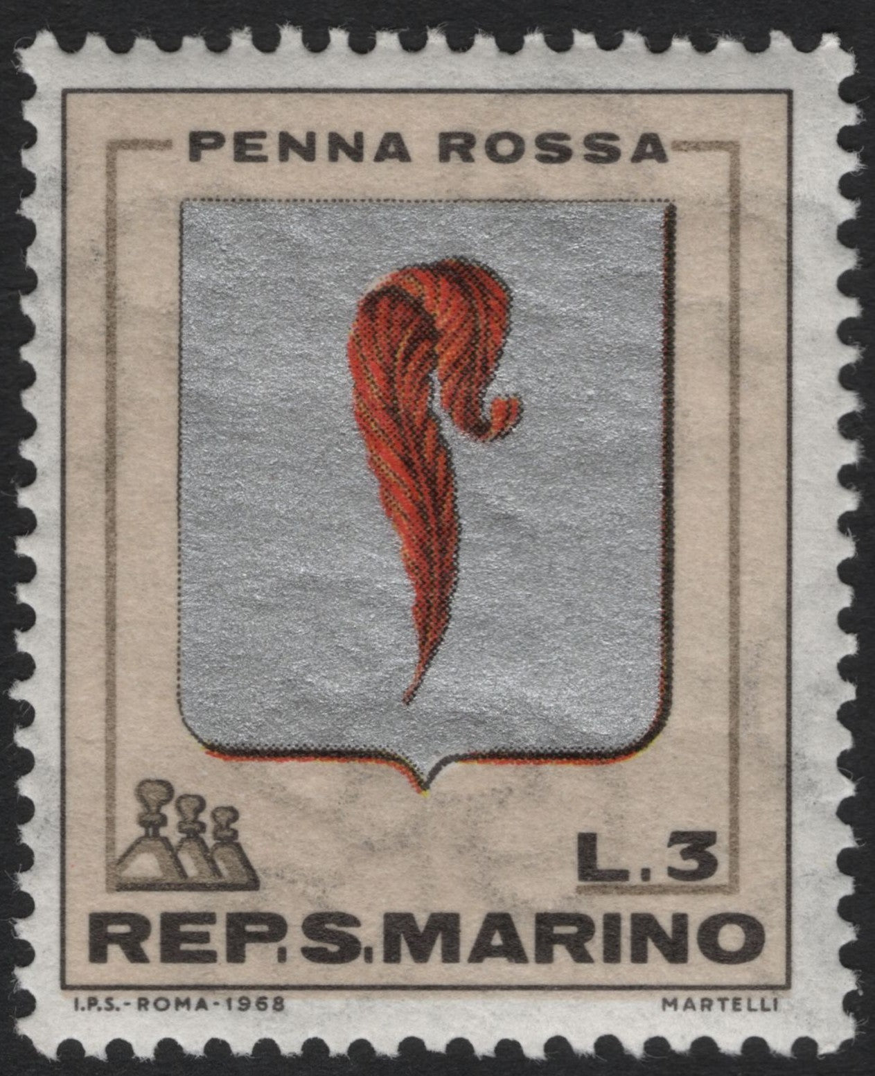 SCG6777 - San Marino 1968 “Penna Rossa” L.3 Stamp