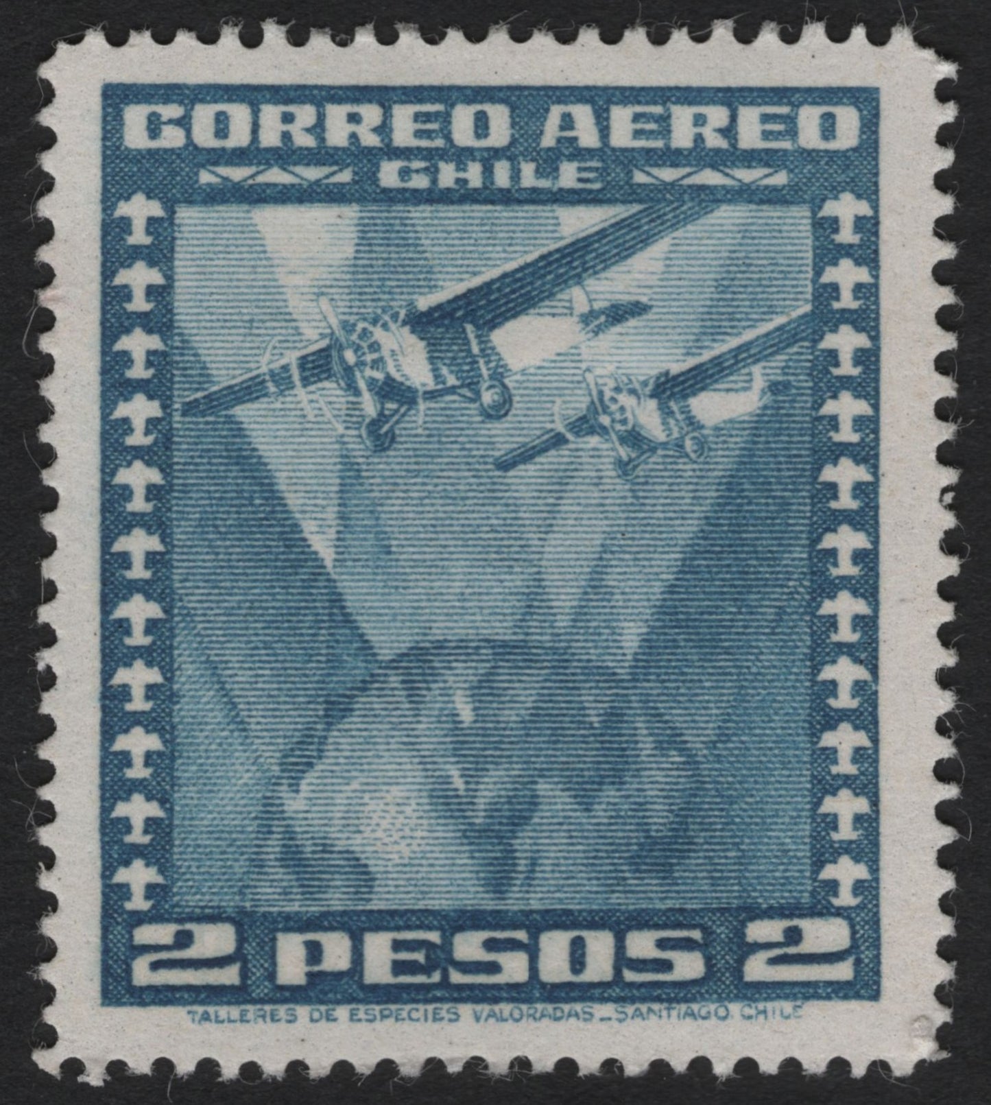 SCG9766 - Chile 2 Pesos Airmail – Twin Monoplane Formation (Blue), c.1930s