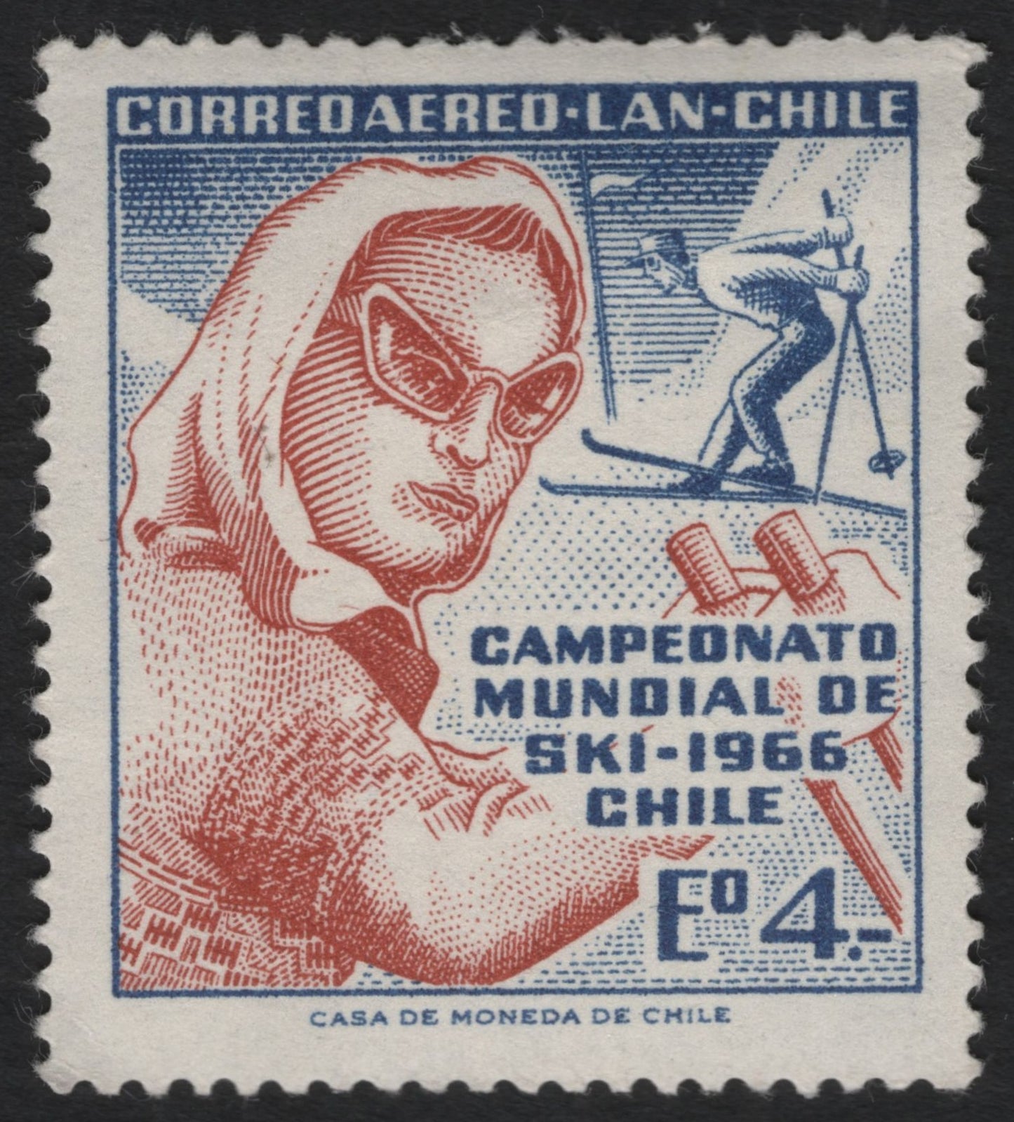 SCG9379 - Chile 1966 World Ski Championship Airmail Stamp – 4 Escudos
